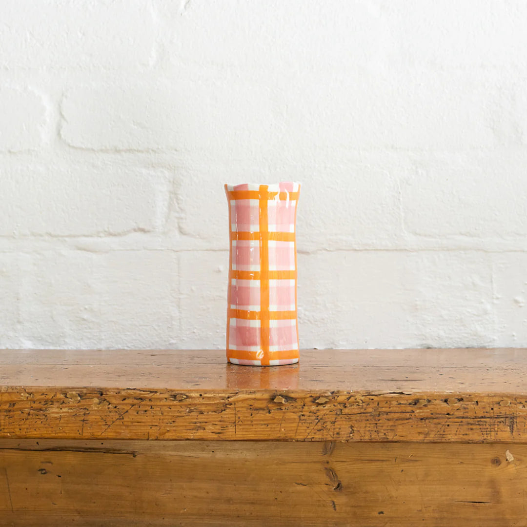 Noss small vase in pink and orange gingham print