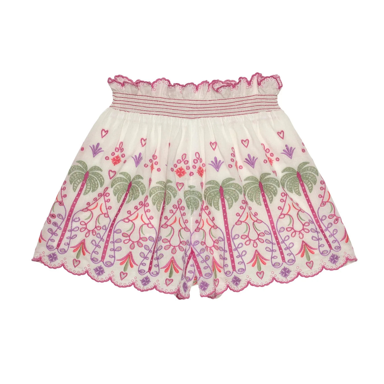 white Oasis Shorts by Tutu Du Monde with pink, purple and green embroidery