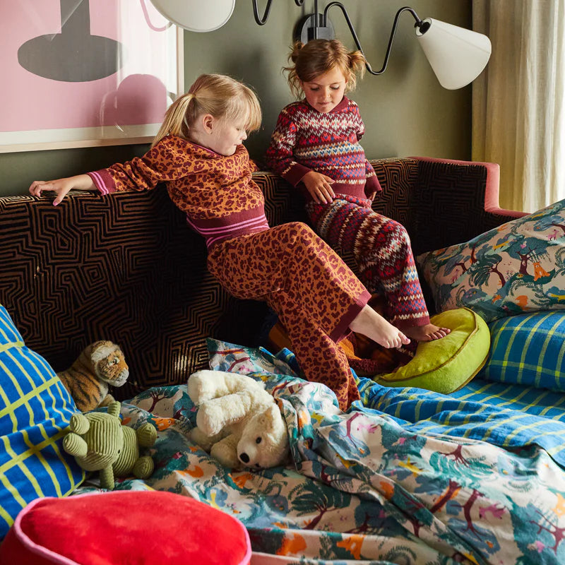 Kids organic cotton knit pants in leopard print by Sage and Clare