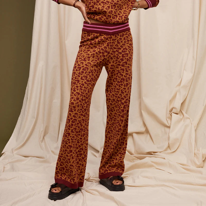 Sage and Clare knit pants in leopard print. Organic Cotton.