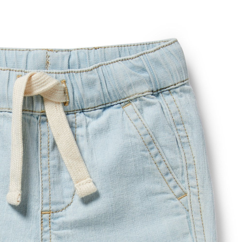 Close up of draw string waist detailing on the Organic Denim Long Short | Wilson + Frenchy