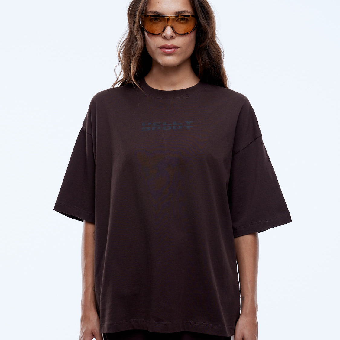 Front view of Sport Star Tee in washed cocoa showing oversized cut and crew neckline