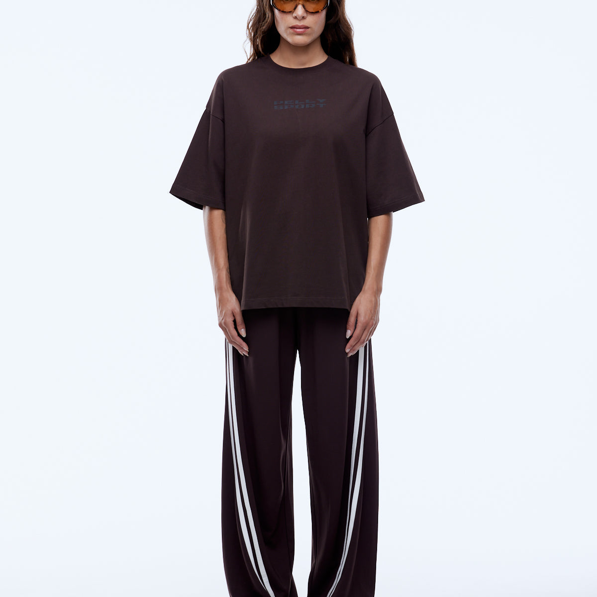 Full front view of Pelly Sport Star Tee in washed cocoa brown with relaxed oversized fit