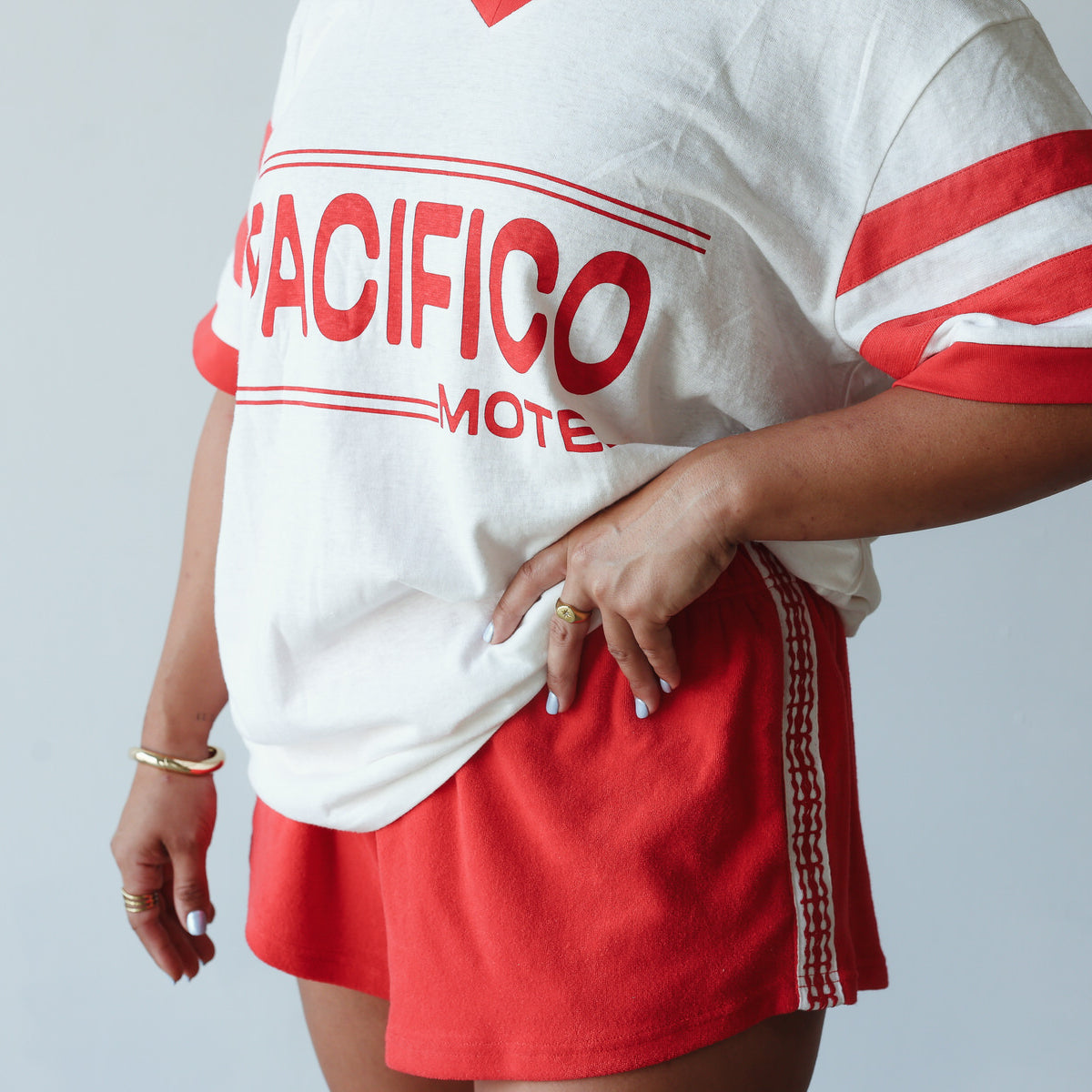 Vintage hemp/cotton tee - Pacifico print by By Billie - white tshirt with red print and red stripes