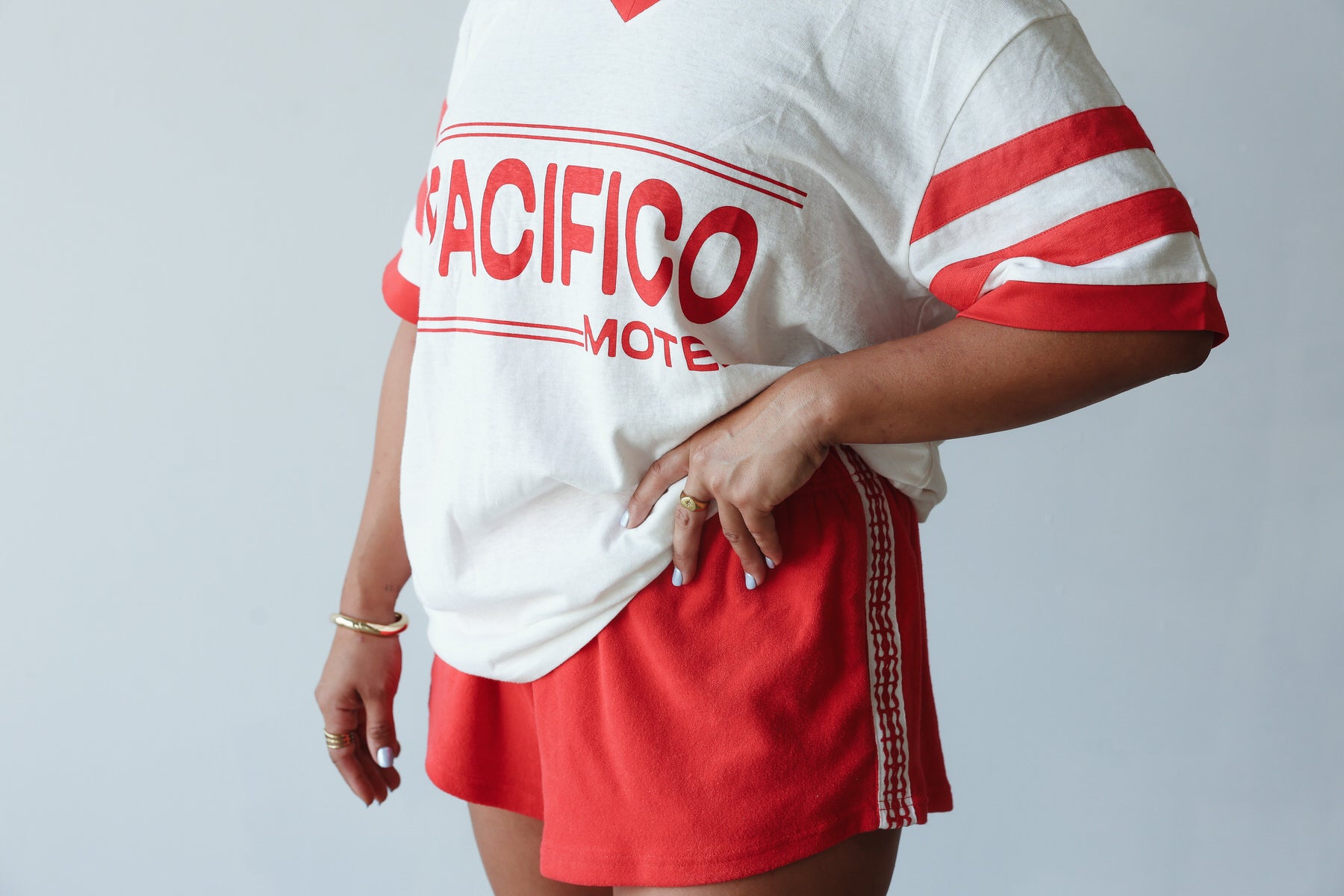 Vintage hemp/cotton tee - Pacifico print by By Billie - white tshirt with red print and red stripes