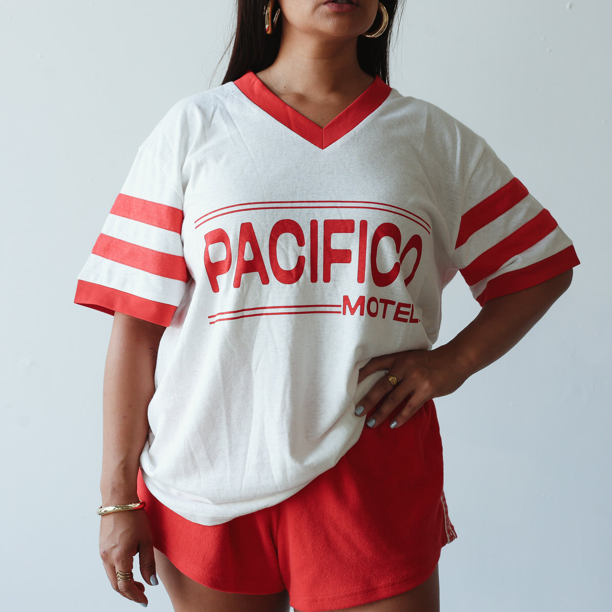 model wearing Vintage hemp/cotton tee - Pacifico print by By Billie
