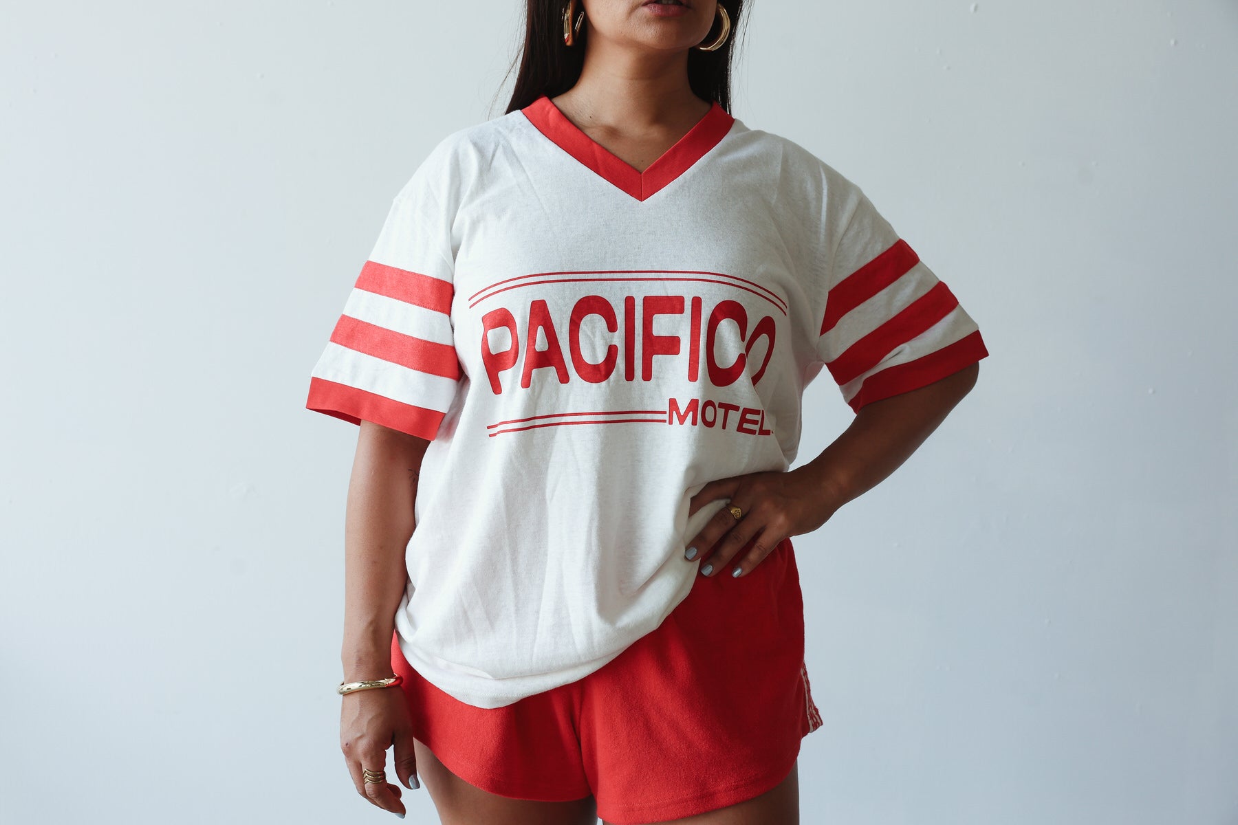 model wearing Vintage hemp/cotton tee - Pacifico print by By Billie