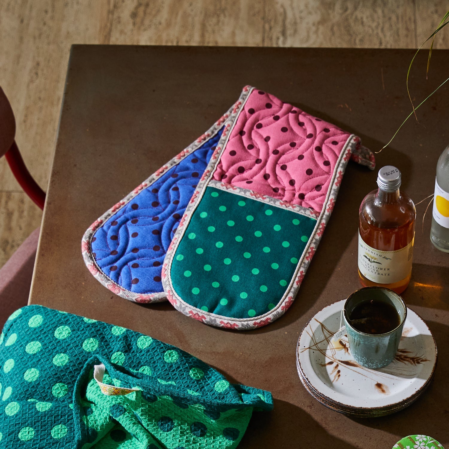 Paige Double Oven Mitt by Sage & Clare with colorful polka dot pattern and heat protection quilting