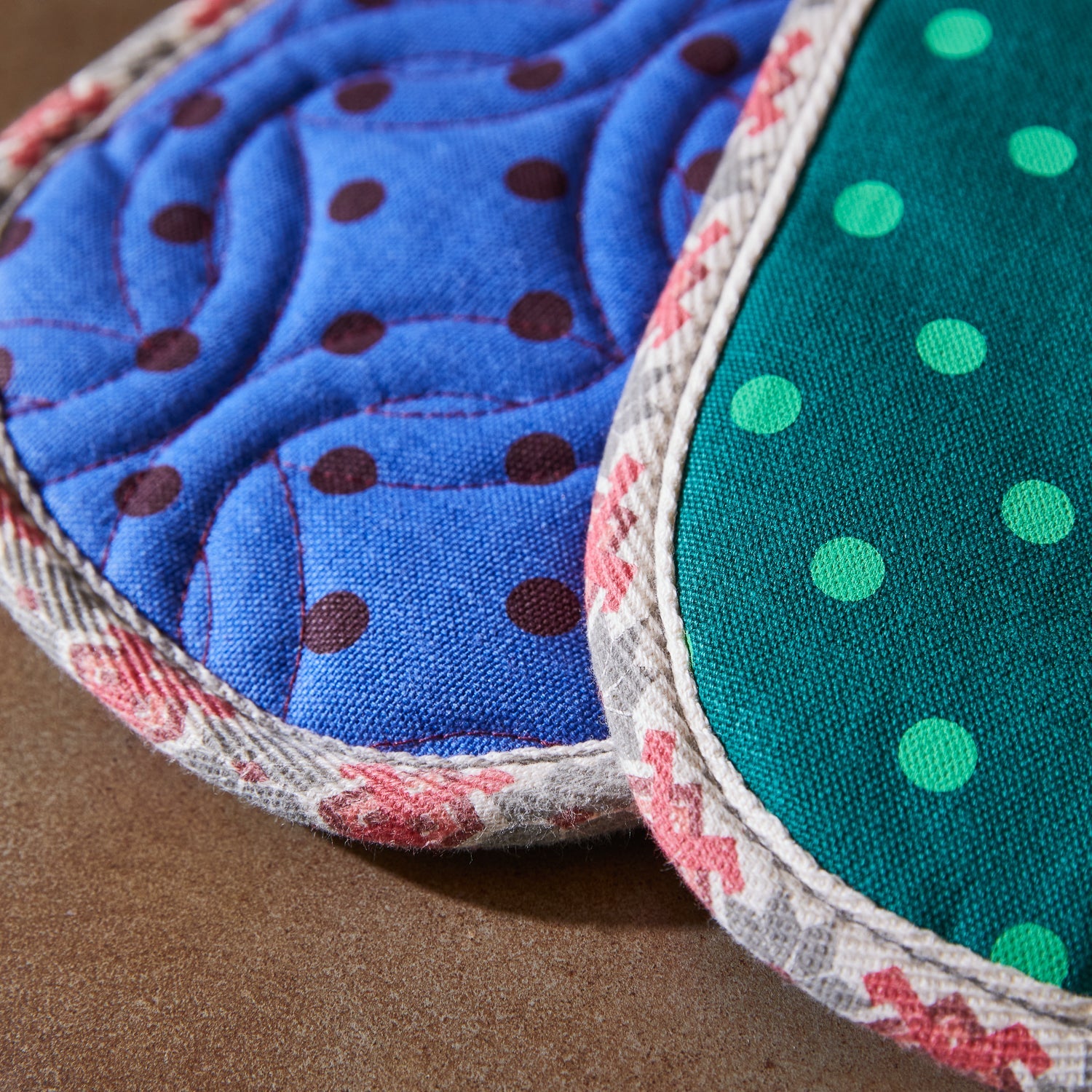 Close-up of quilted fabric texture and polka dot pattern on Paige Double Oven Mitt heat protection design