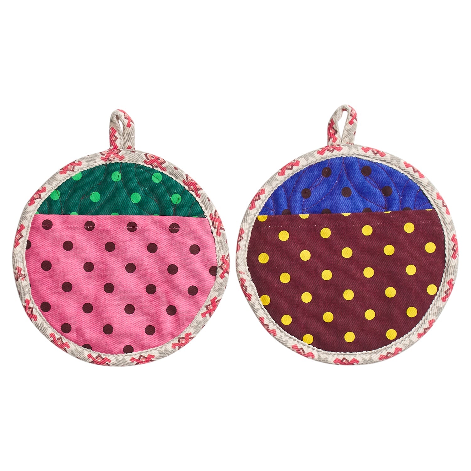 Front view of Paige pot holder pair showing pink green blue burgundy polka dot patterns with loops