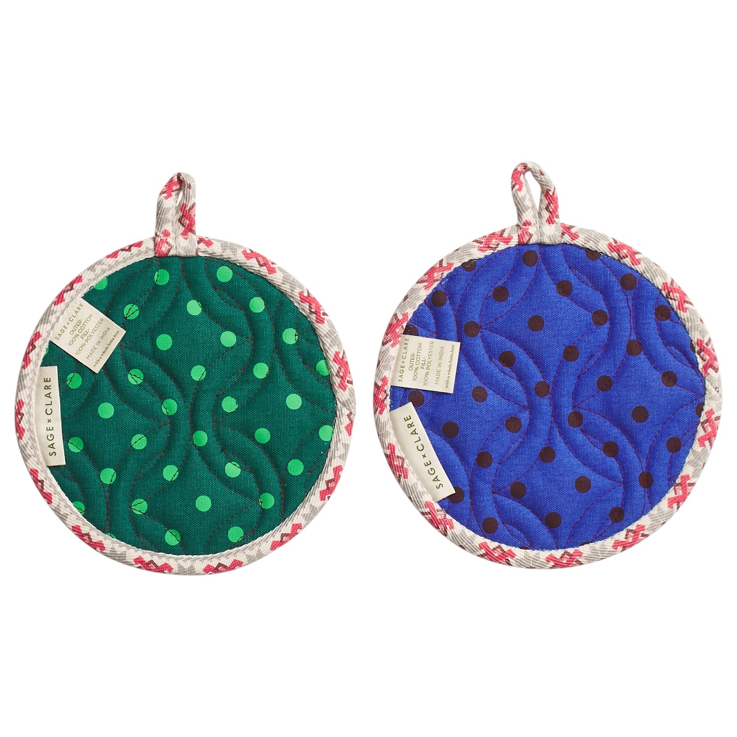 Back view of Paige pot holders showing brand labels and quilted construction by Sage & Clare