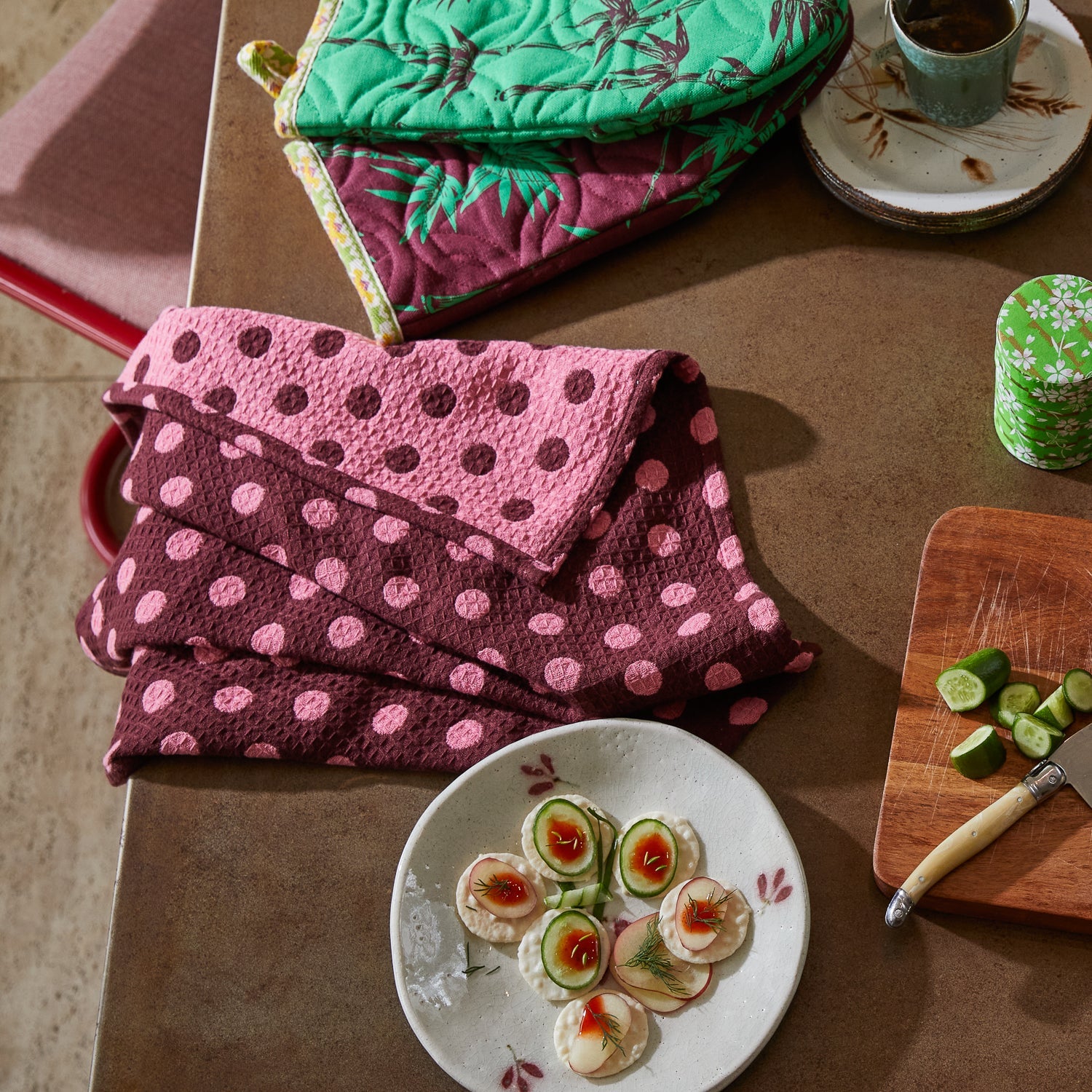 Paige Tea Towel in Rosewood by Sage & Clare with polka dot pattern and waffle weave texture with hanging loop