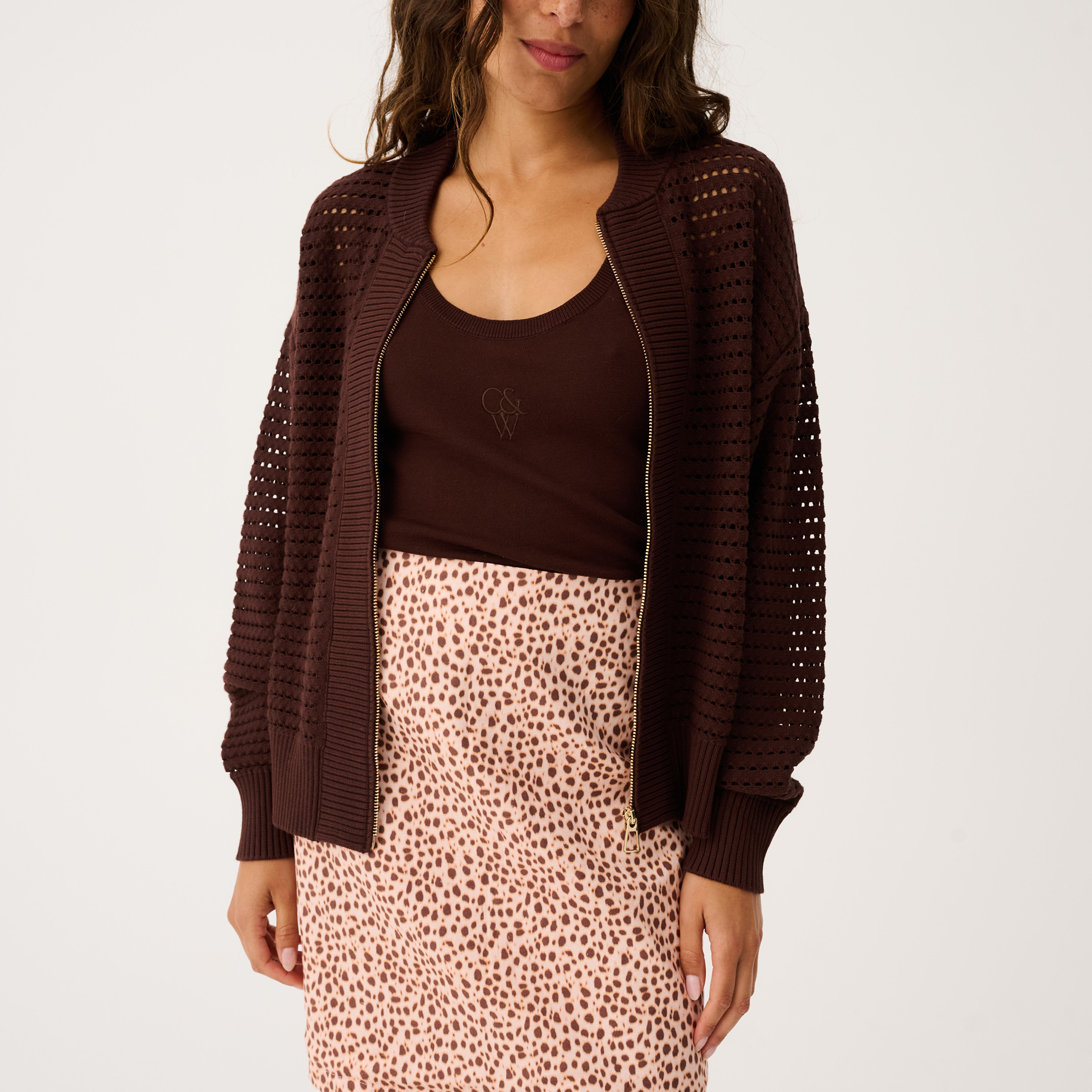 Front view of Palmer Jacket in truffle brown with open front cardigan style and textured knit pattern