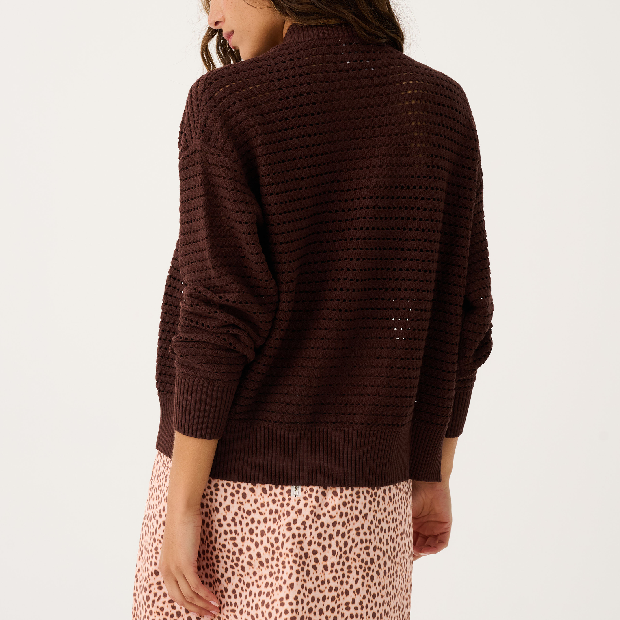 Back view of Palmer Jacket showing textured knit detail and relaxed fit in truffle brown color