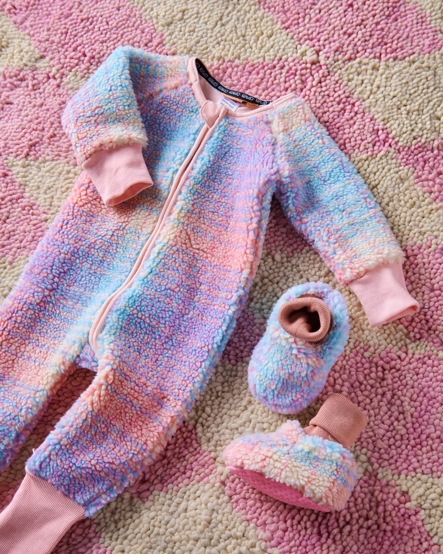 Pastel Dreams Tartan Sherpa Long Sleeve Romper by Kip & Co with matching sherpa booties