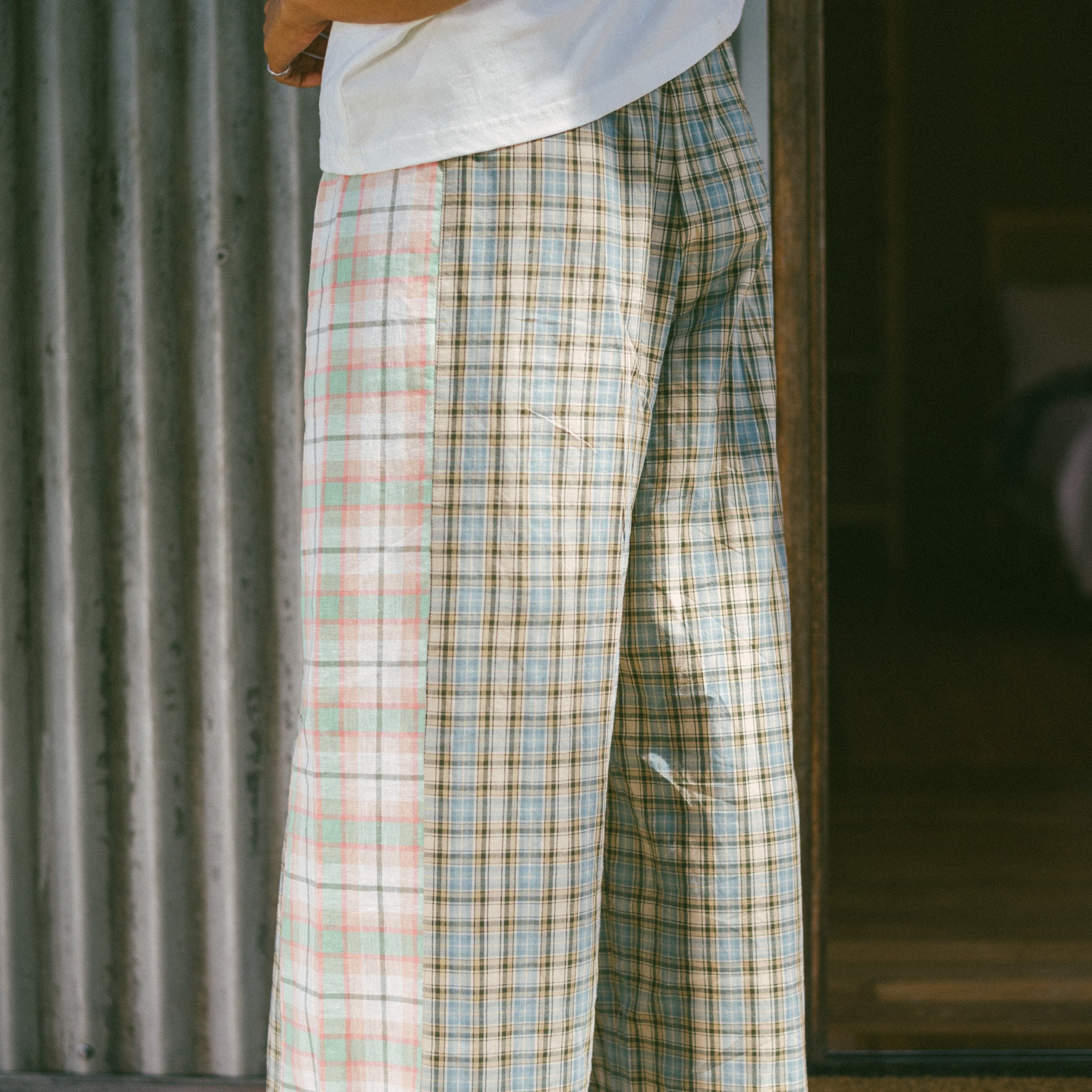 Rear view of lady wearing Patchwork Pant in Cottage Plaid | Atmosea