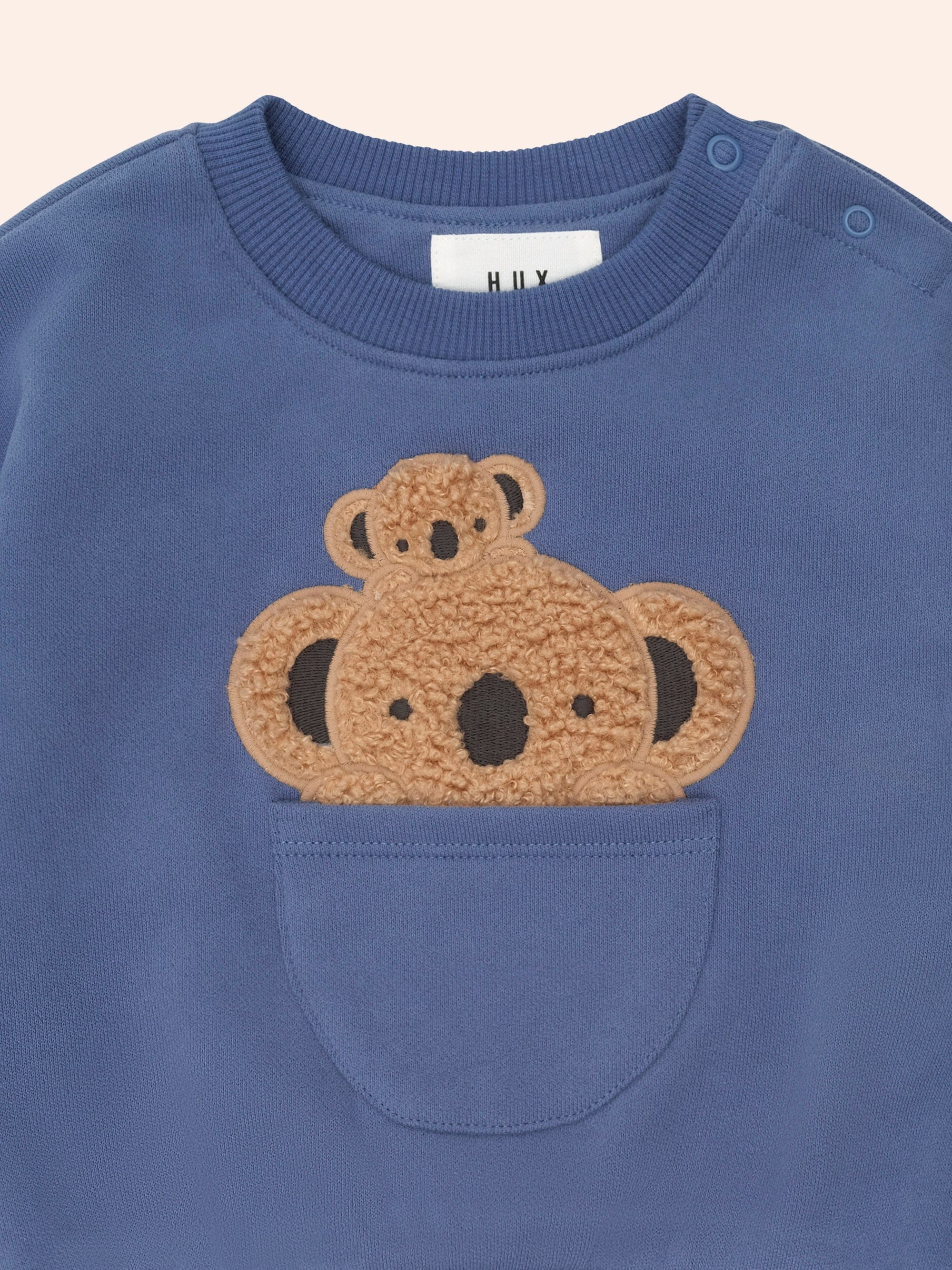 Close-up of Peekaboo Kel Pocket Sweatshirt showing koala applique detail and front pocket with shoulder snaps