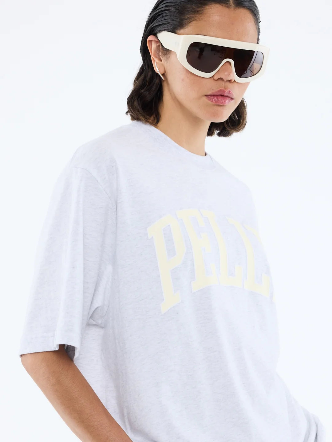model wearing Pelly Collegiate Tee White Marle by Ena Pelly