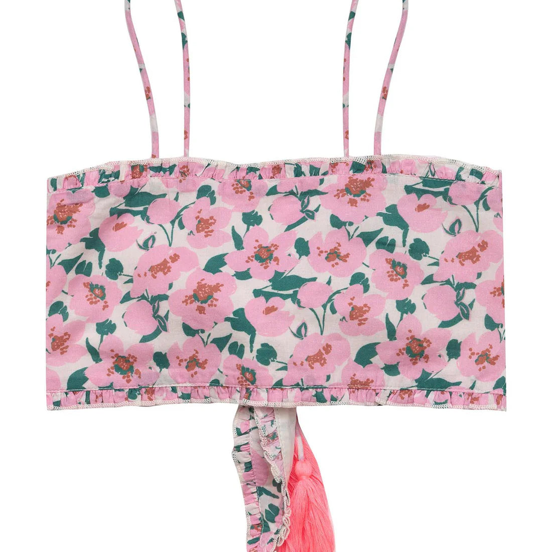Girls wrap top in pink and green floral design with bright pink tassles. Penny Top – Sakura by Pearson & Pearson