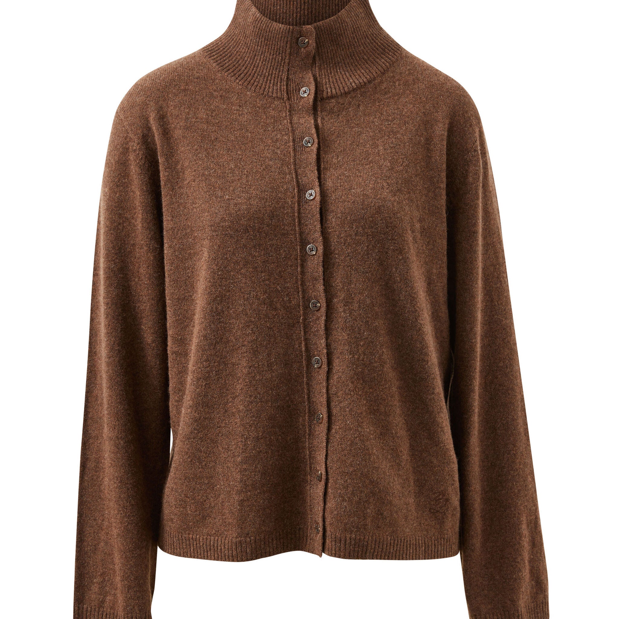 Front view of chocolate marle knit cardigan showing high neck collar and button placket on white background
