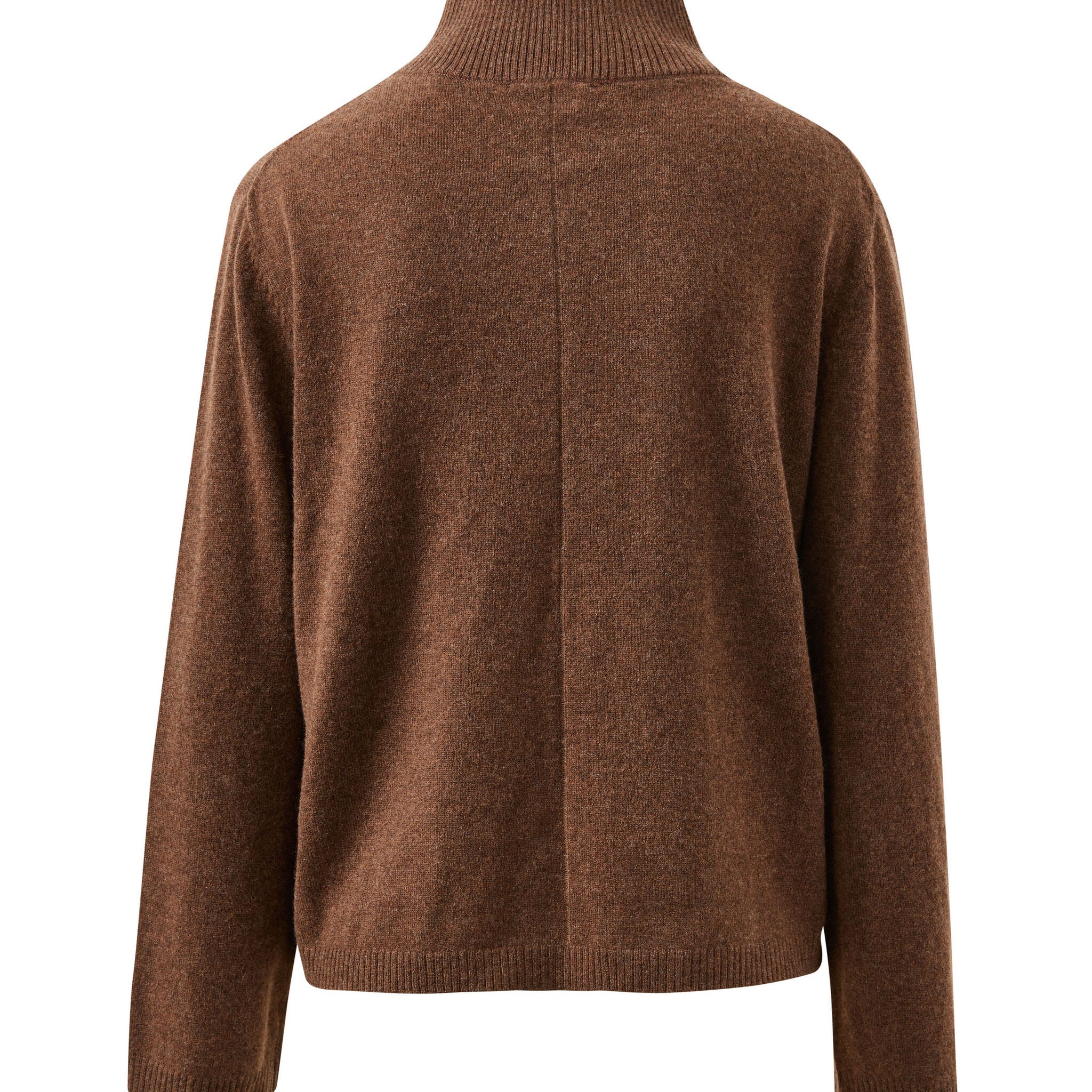 Back view of chocolate marle knit cardigan displaying high collar and relaxed fit silhouette