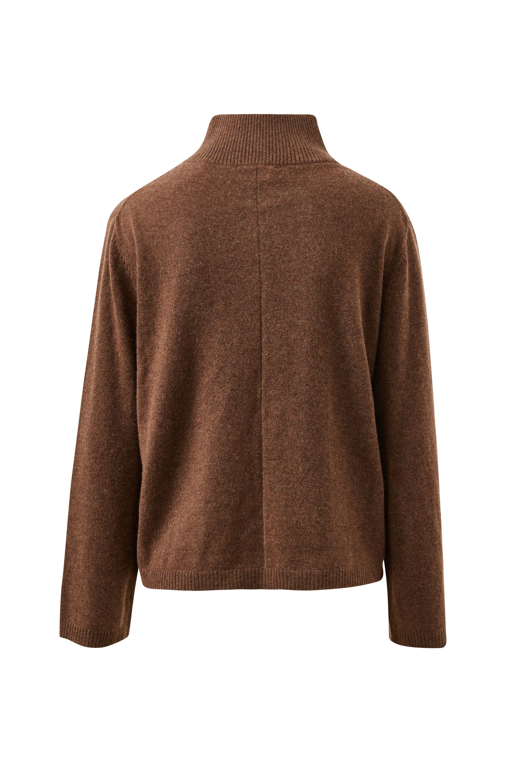 Back view of chocolate marle knit cardigan displaying high collar and relaxed fit silhouette