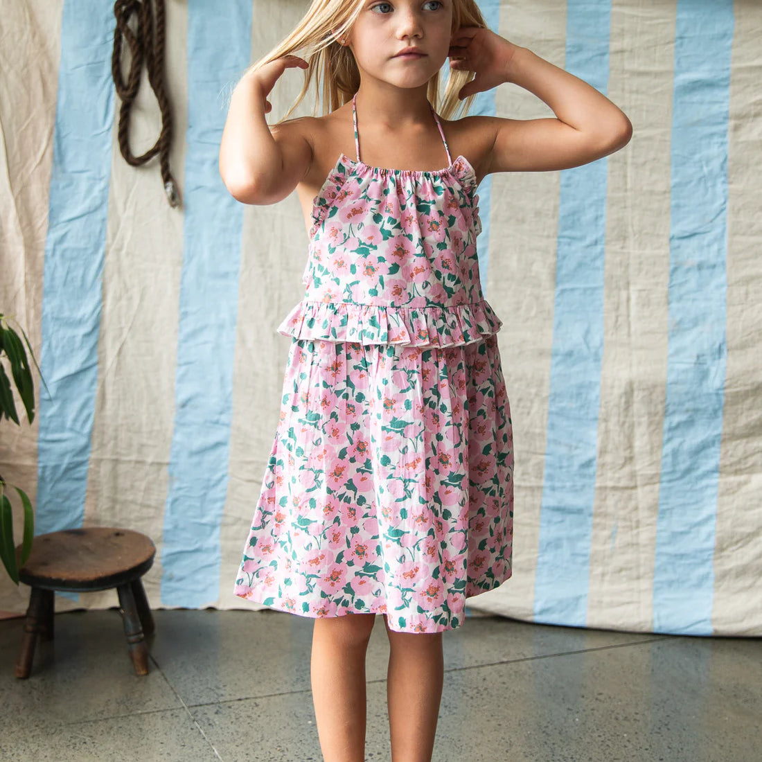 girls pink and green floral dress with bright pink tassels by Bella & Lace - Pepper Dress – Sakura