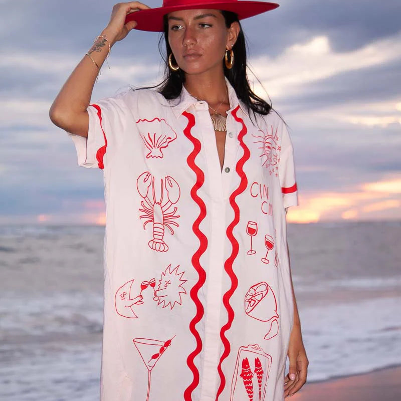 red and pink tshirt dress with lobster, sea shell and wine glasses