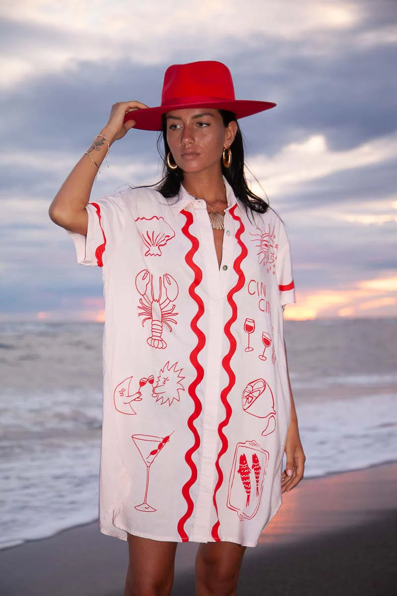 red and pink tshirt dress with lobster, sea shell and wine glasses