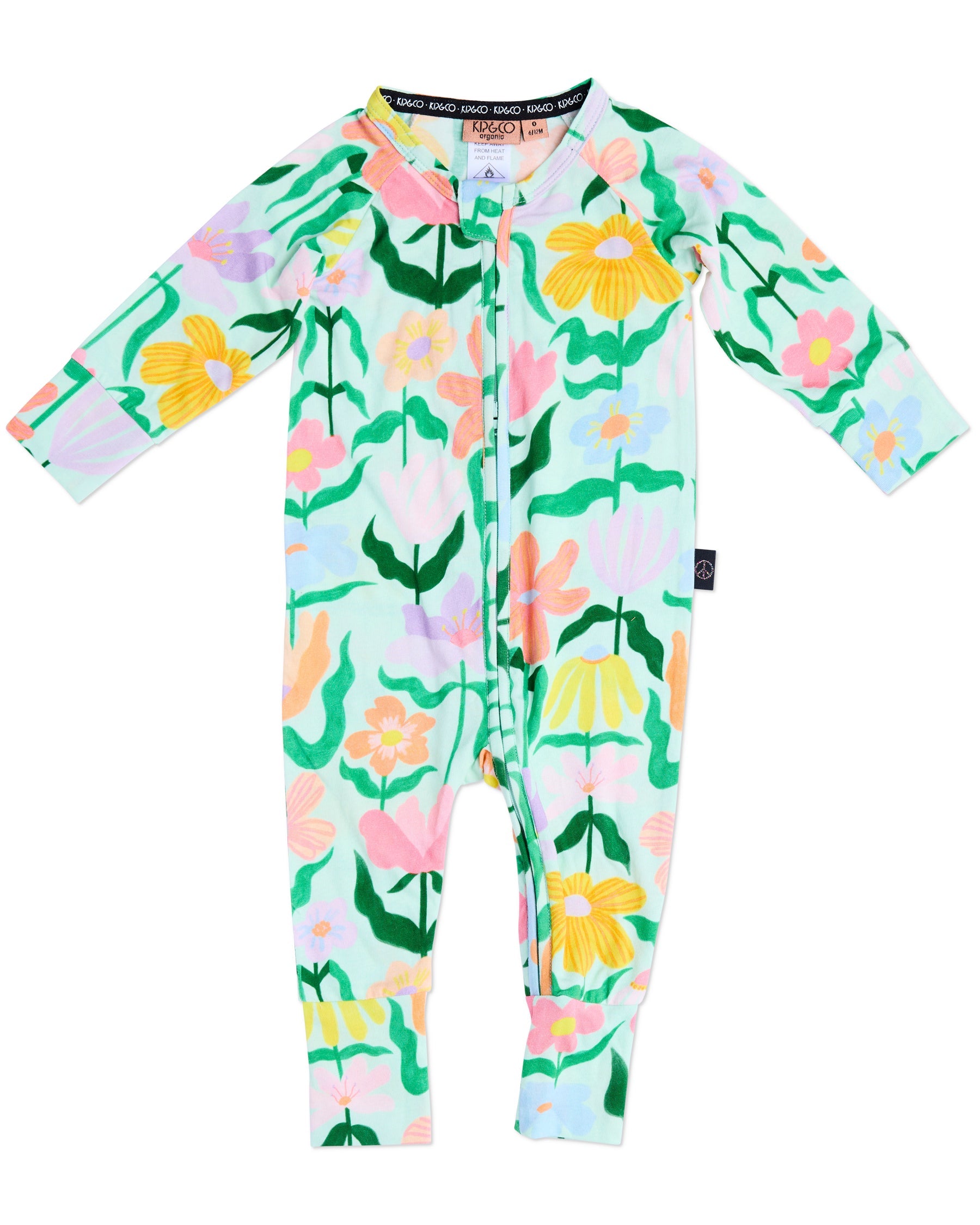 Popping Flowers Green Organic Long Sleeve Zip Romper by Kip & Co