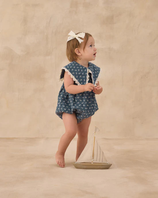 denim blue & lace baby romper by Rylee cru