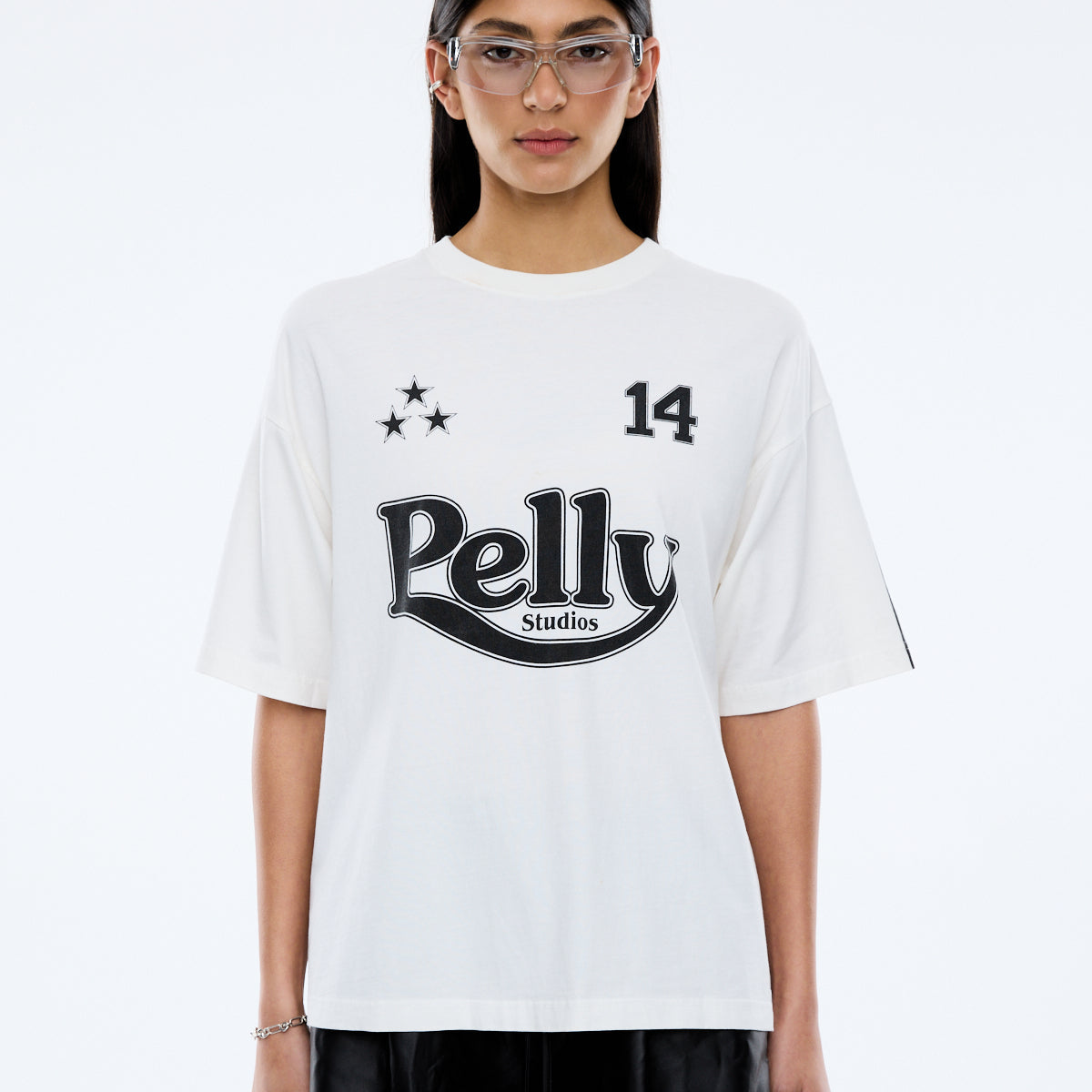 Ena Pelly Racing Pelly Swoop vintage white t-shirt product packaging and sizing label information