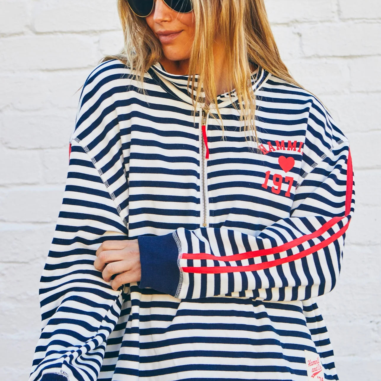 Retro Stripe Collard Zip Sweat - Navy/White by Hammill & Co