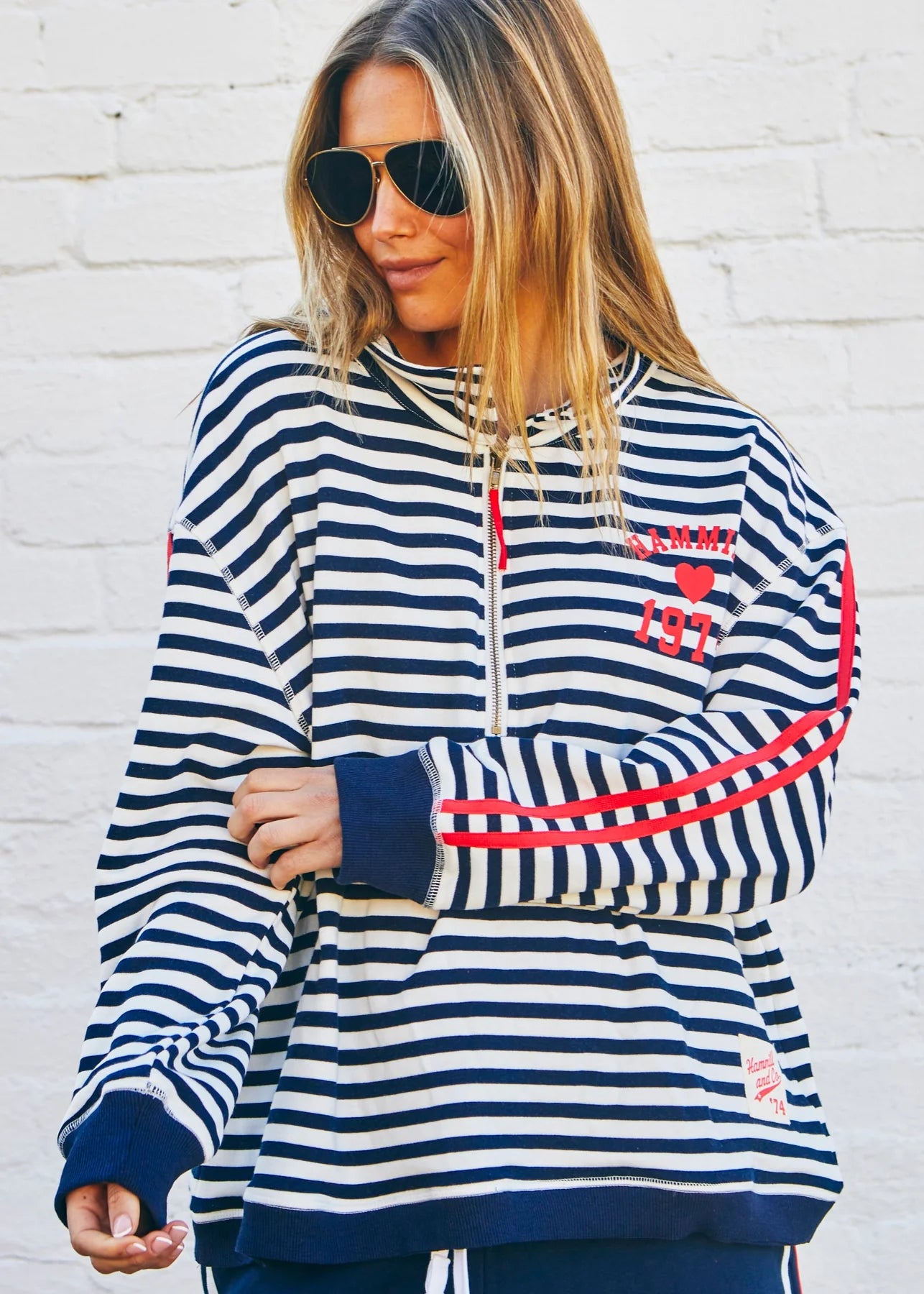 Retro Stripe Collard Zip Sweat - Navy/White by Hammill & Co