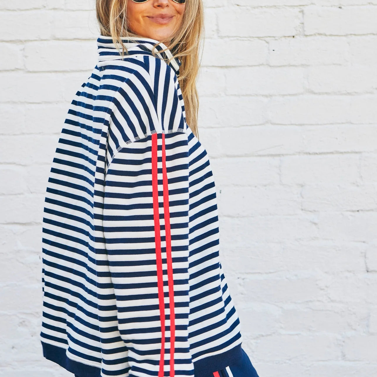 Model wearing striped hammill & co jumper