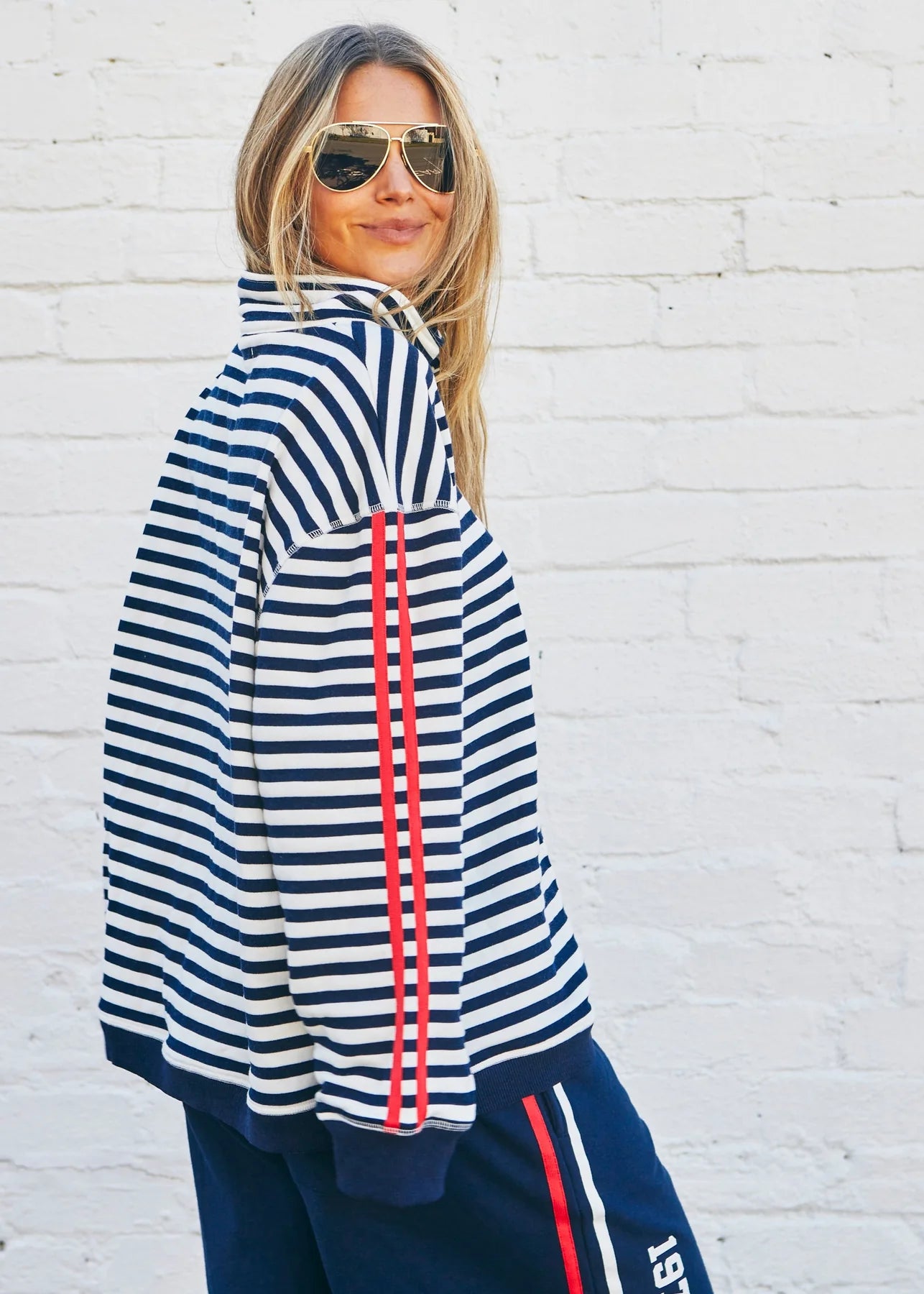 Model wearing striped hammill & co jumper