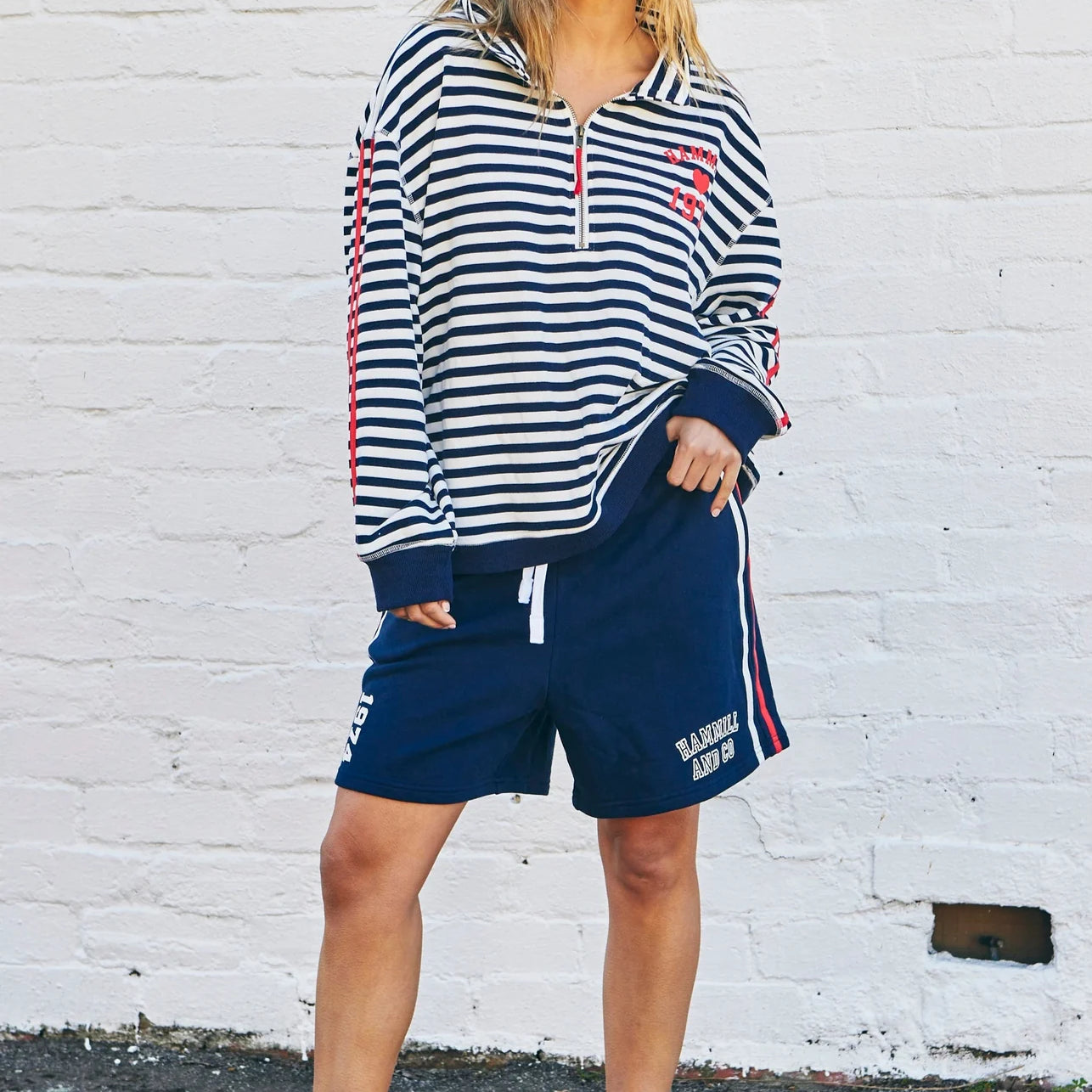 Cotton fleece jumper with navy stripes