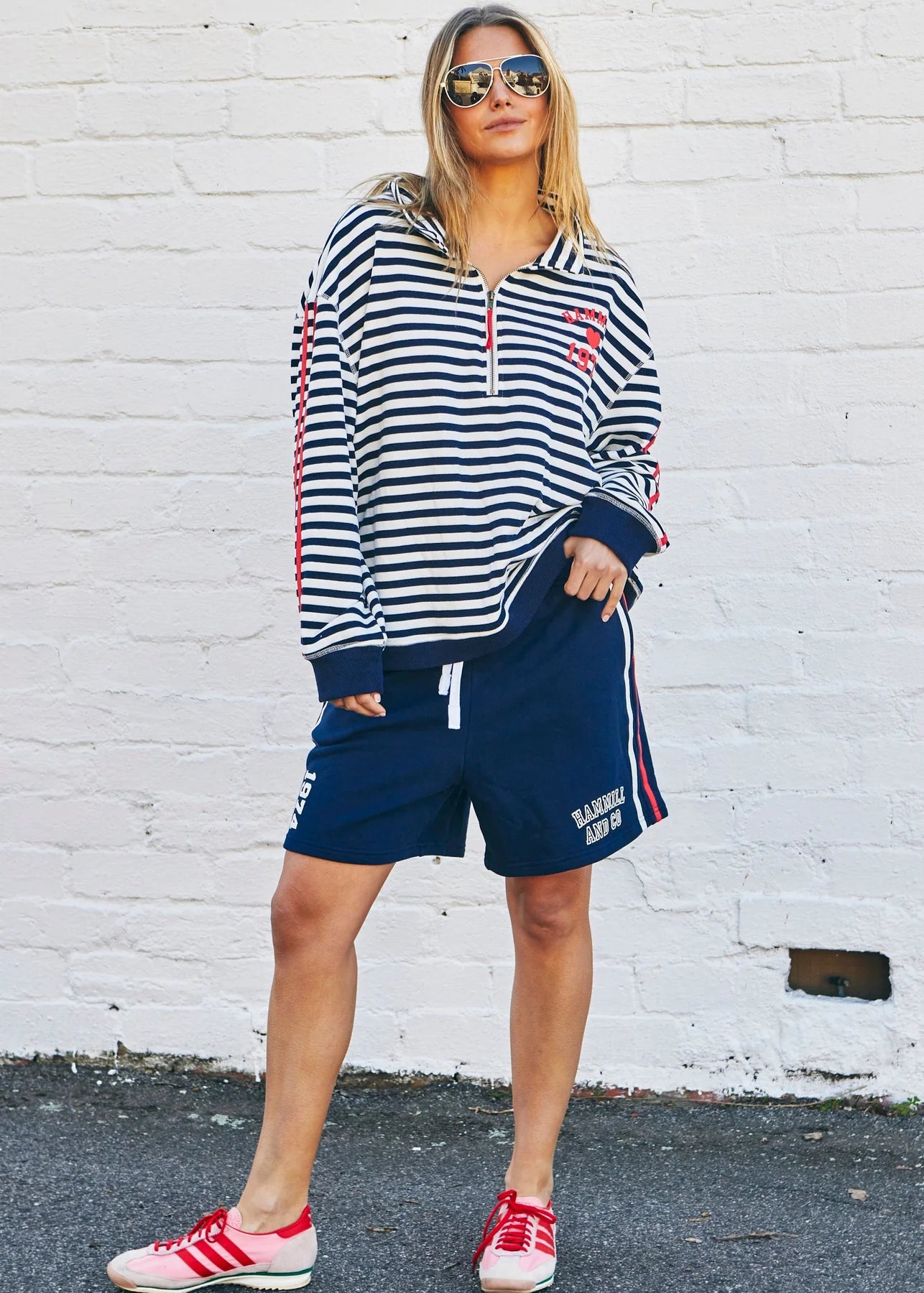 Cotton fleece jumper with navy stripes
