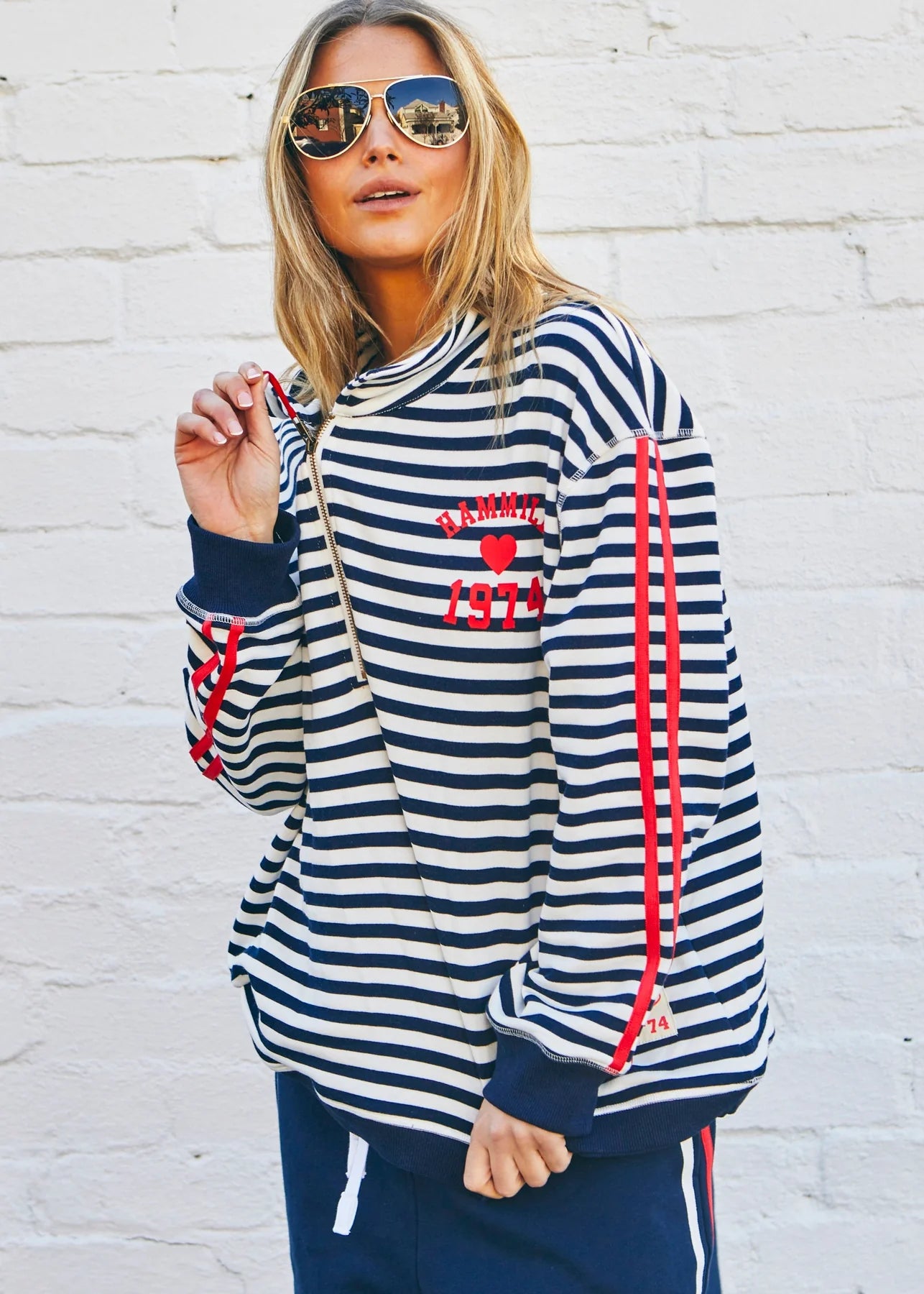 Retro Stripe Collard Zip Sweat - Navy/White by Hammill & Co