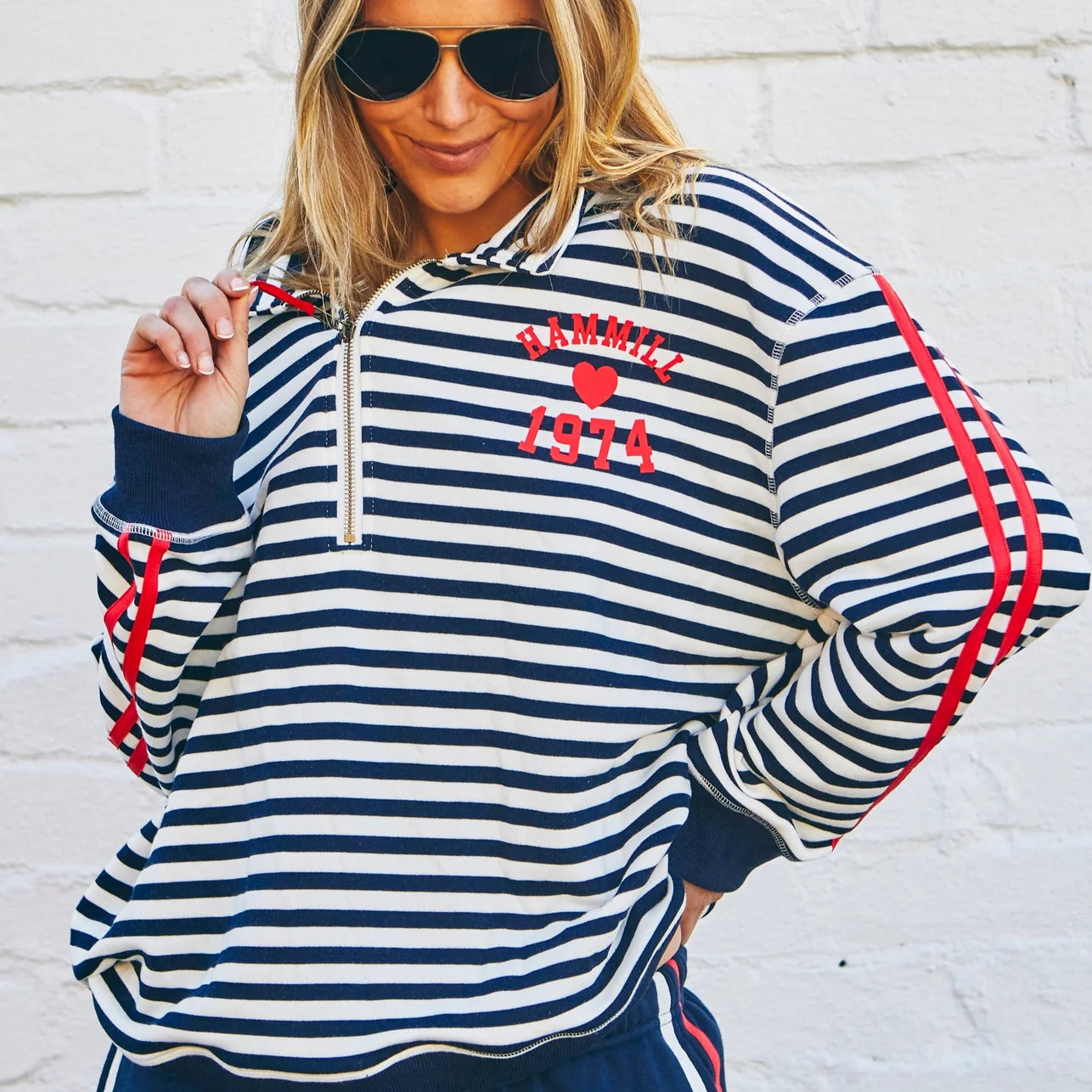 Model wearing Retro Stripe Collard Zip Sweat - Navy/White by Hammill & Co