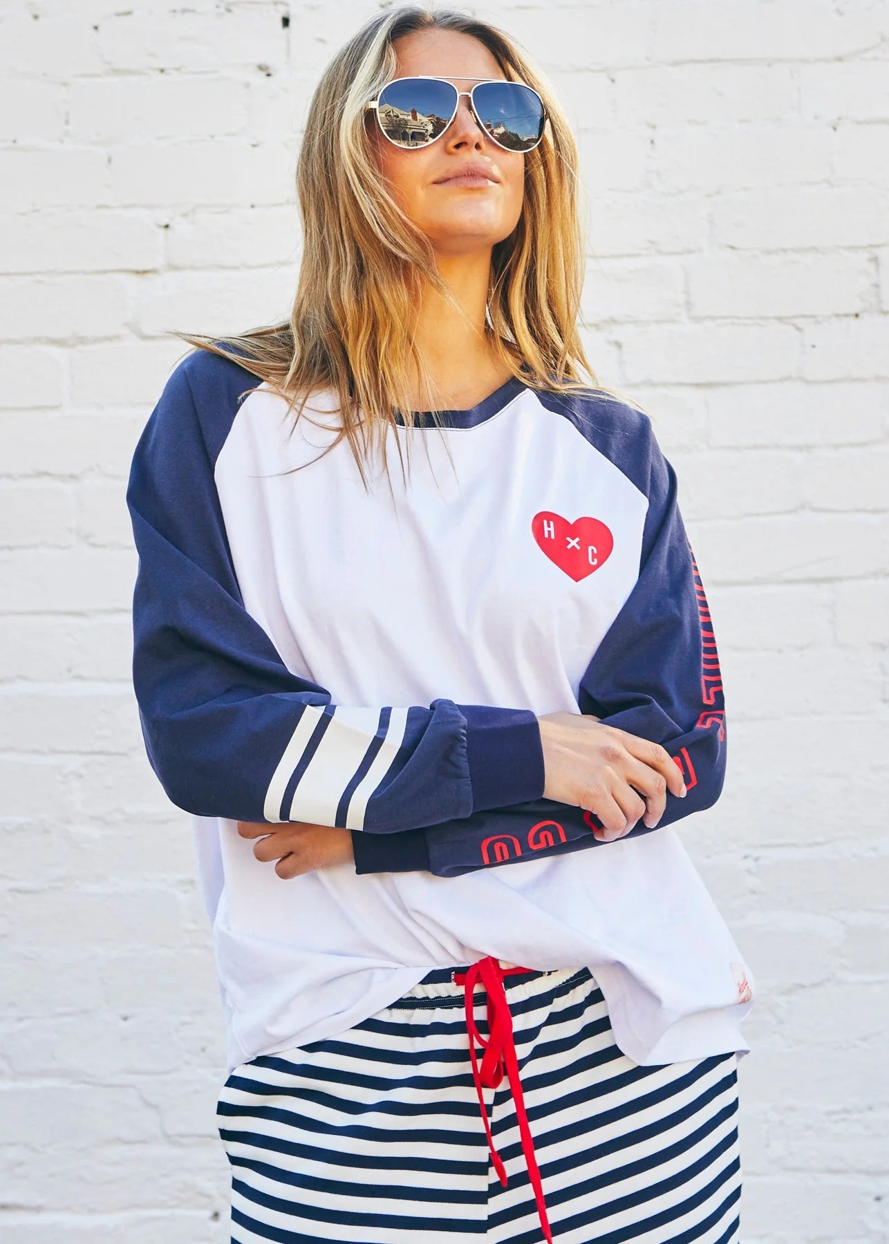 Retro Heart Long Sleeve Tee Navy White by Hammill & Co