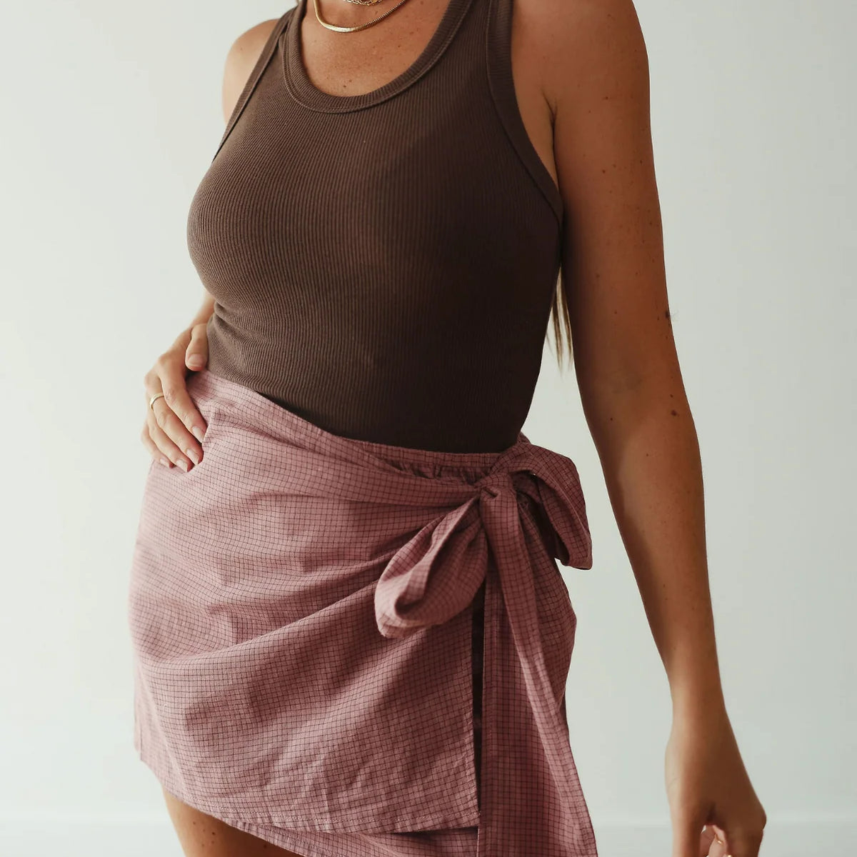 brown ribbed singlet by By Billie