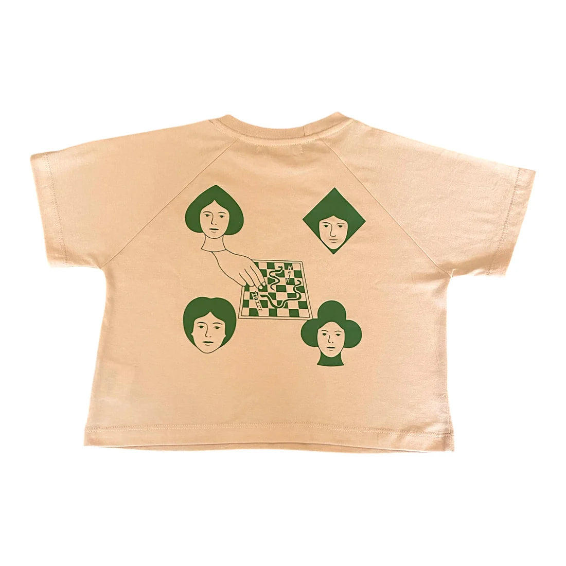 Beige t-shirt with green graphic design of a hand playing snakes and ladders and card suits in corners