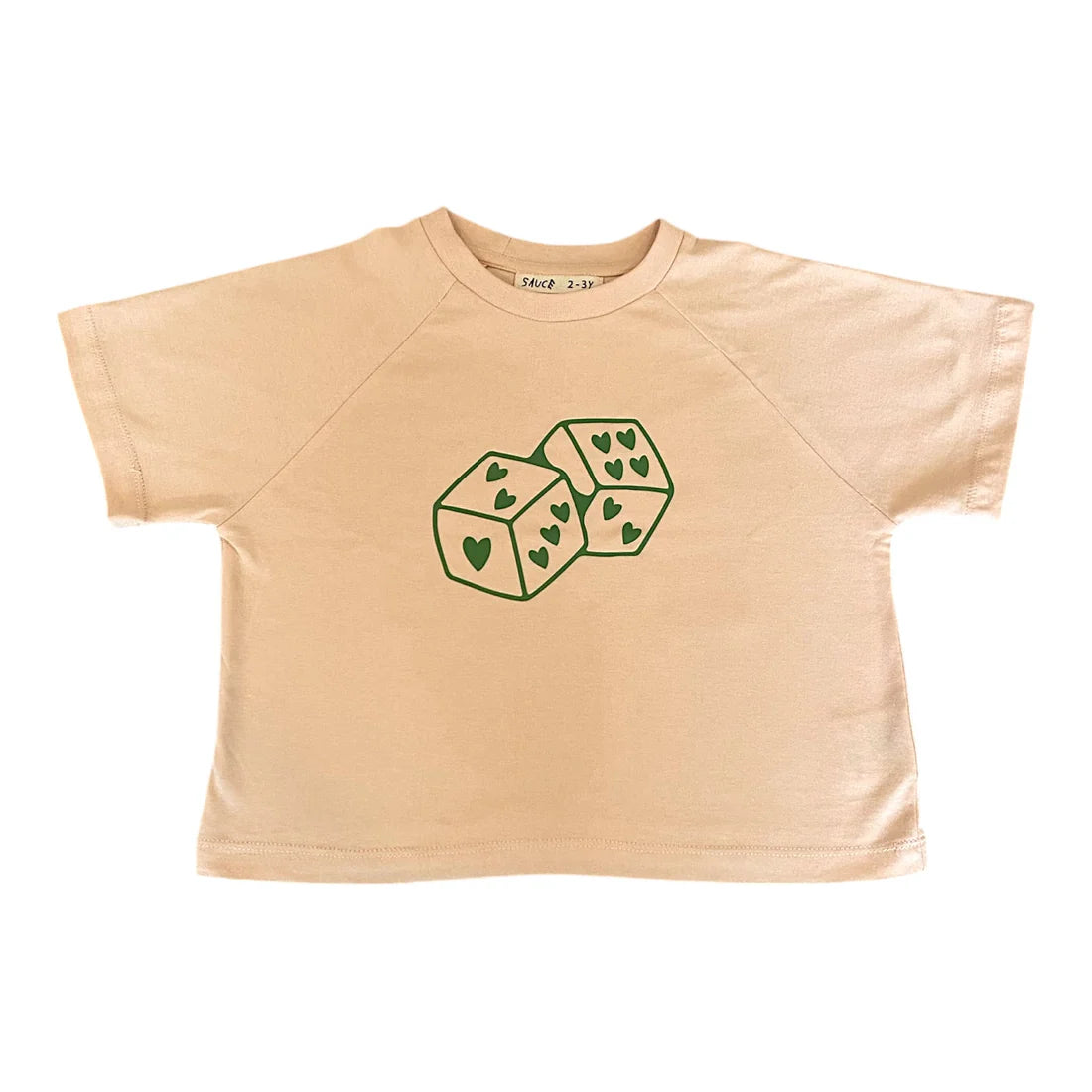 boxy fit kids tshirt with green dice graphic on front