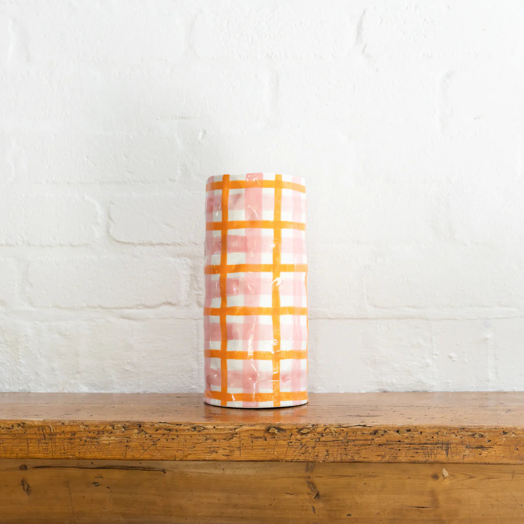 Noss & Co rose pink and orange gingham vase
