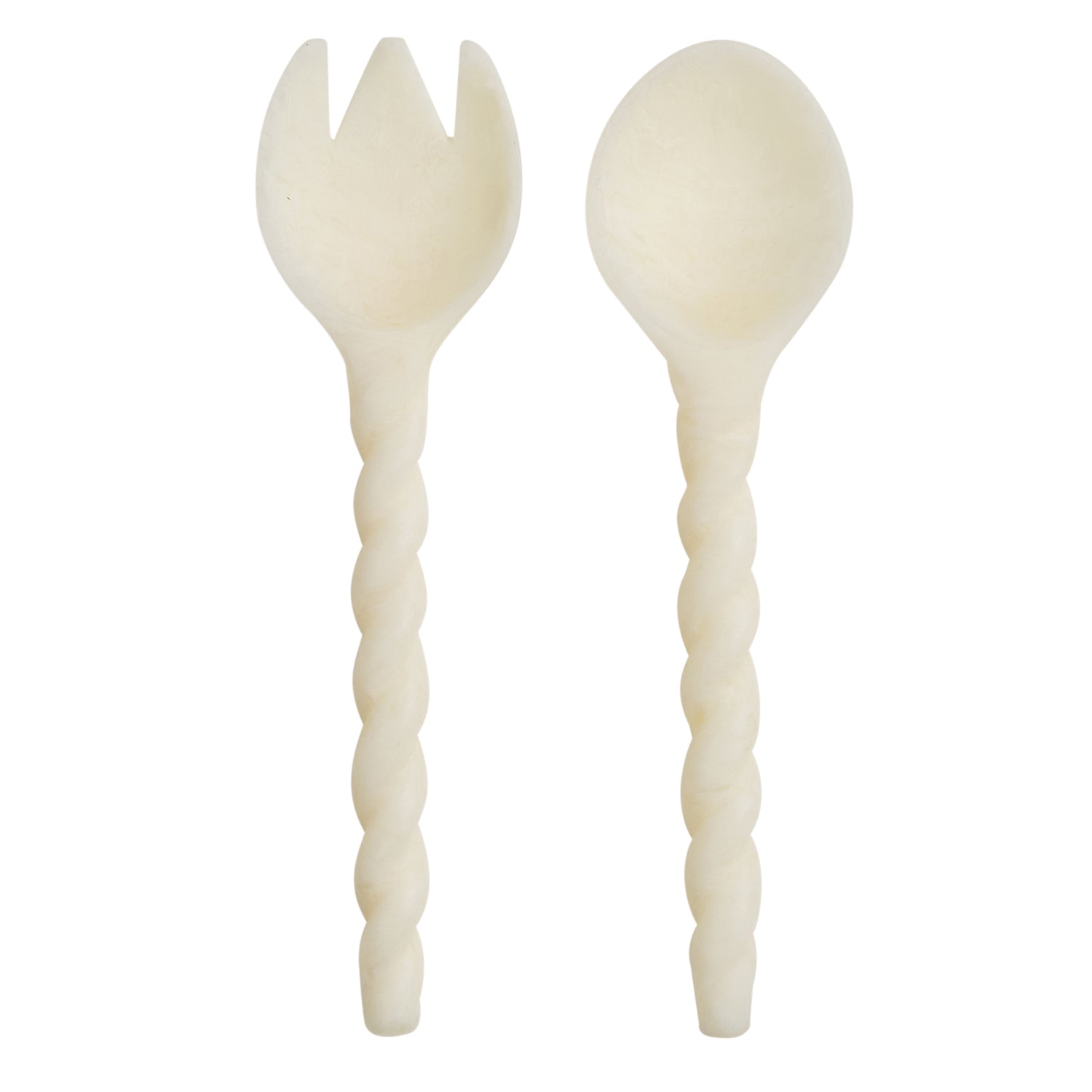 Pearl rose salad servers with twisted handles — cream-toned spoon and fork set on white background