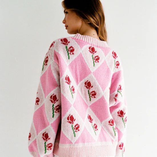 back details of model wearing Rosie Cardigan by JUNI