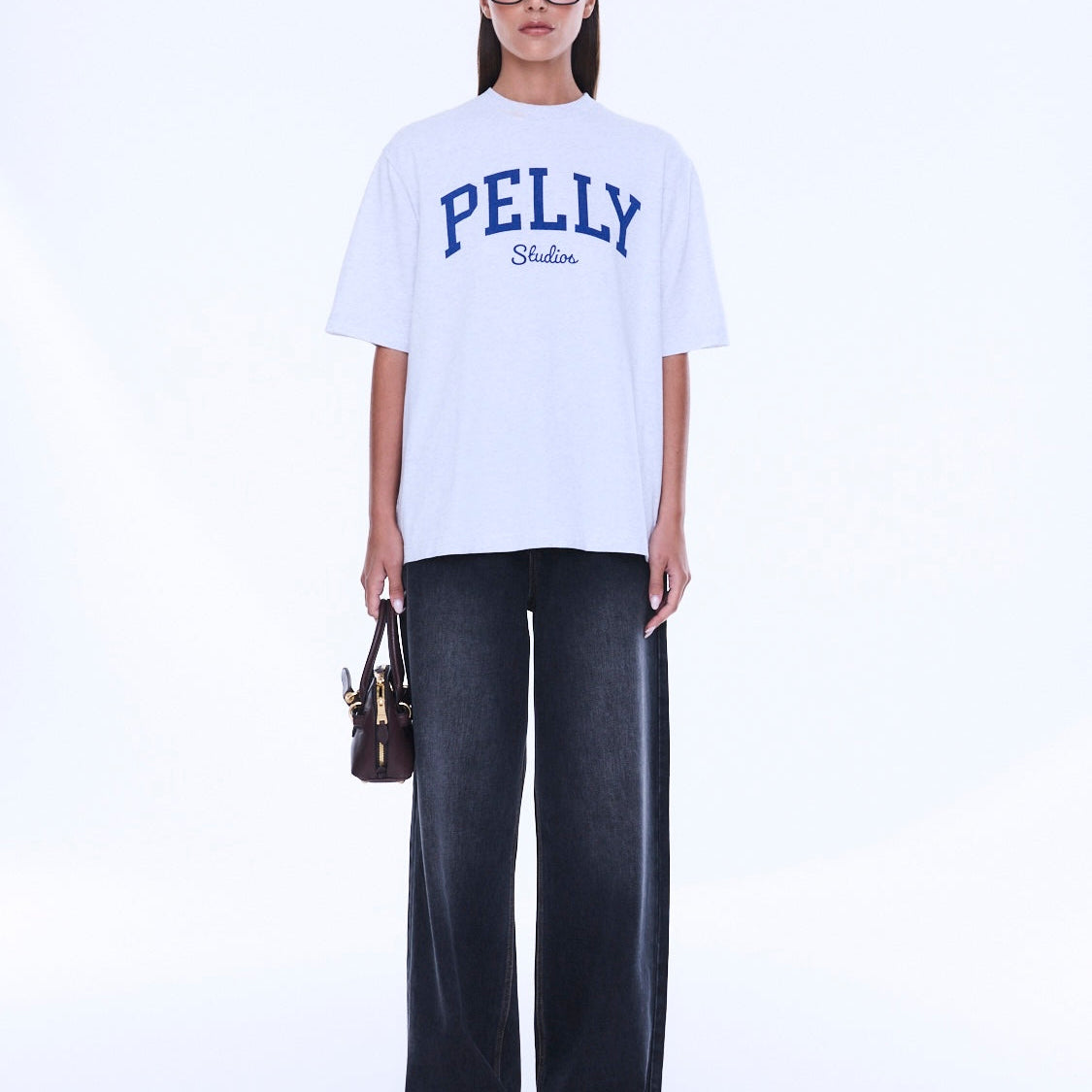 Full front view of Sophia Relaxed Tee showcasing oversized fit with PELLY Studios graphic print and crew neckline