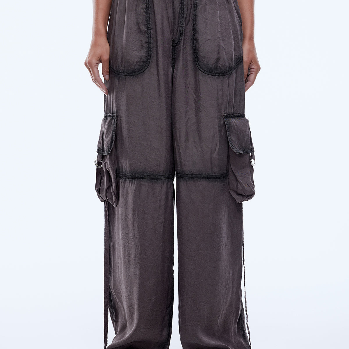 Tencel rayon blend fabric texture close up of vintage charcoal utility pants