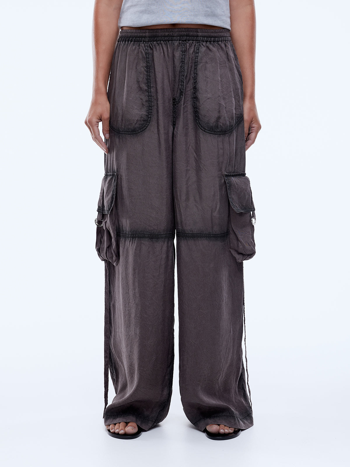 Tencel rayon blend fabric texture close up of vintage charcoal utility pants